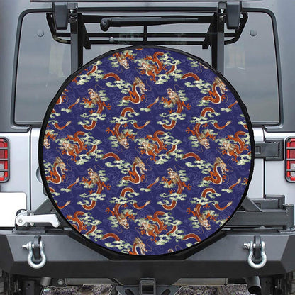 Orange Japanese Dragon Pattern Print Tire Cover