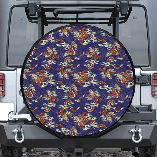 Orange Japanese Dragon Pattern Print Tire Cover