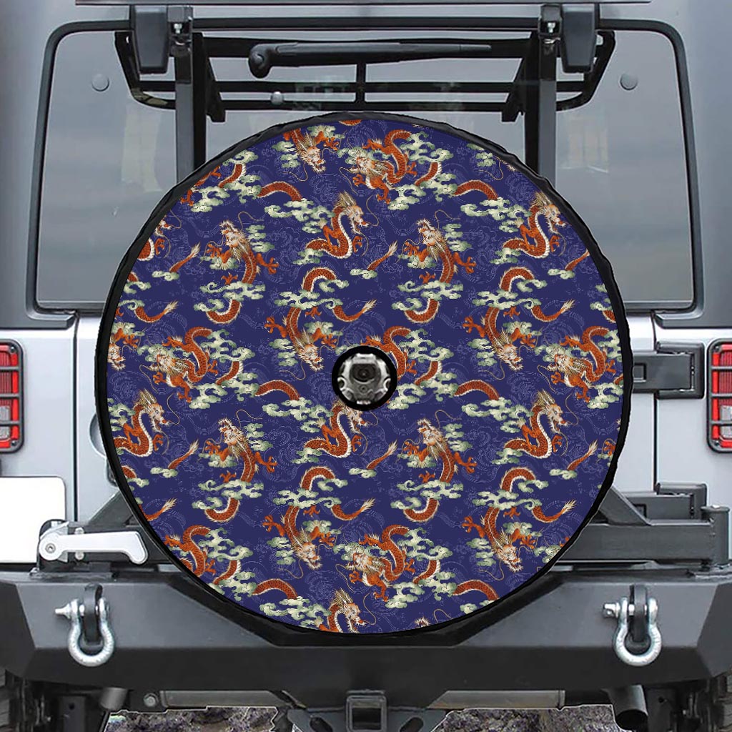 Orange Japanese Dragon Pattern Print Tire Cover With Camera Hole