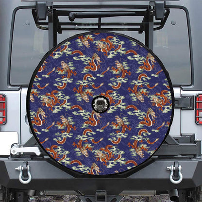 Orange Japanese Dragon Pattern Print Tire Cover With Camera Hole