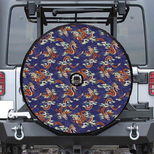 Orange Japanese Dragon Pattern Print Tire Cover With Camera Hole