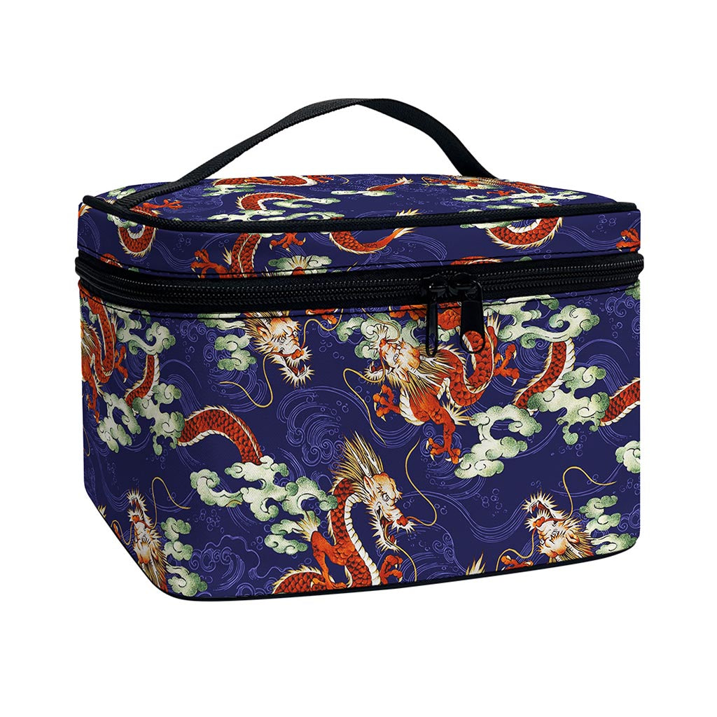 Orange Japanese Dragon Pattern Print Travel Makeup Bag