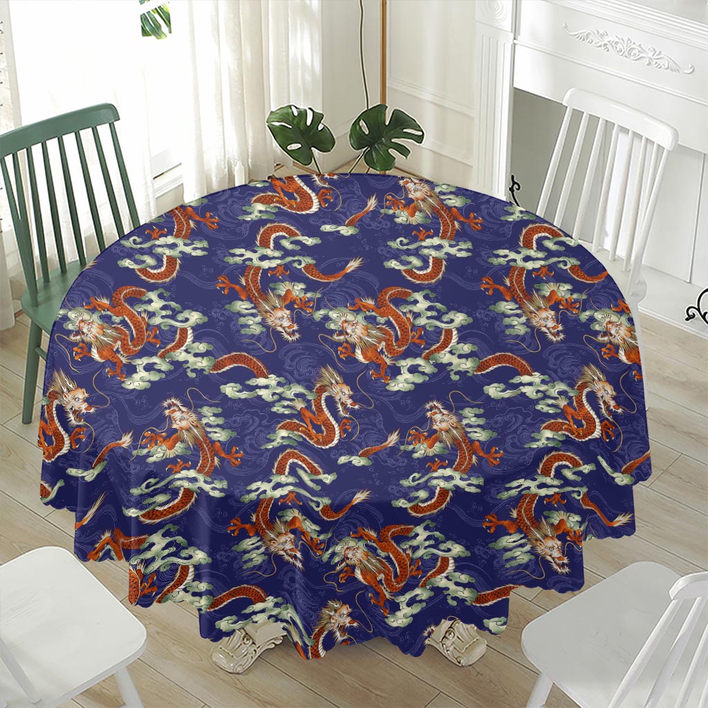 Orange Japanese Dragon Pattern Print Waterproof Round Tablecloth