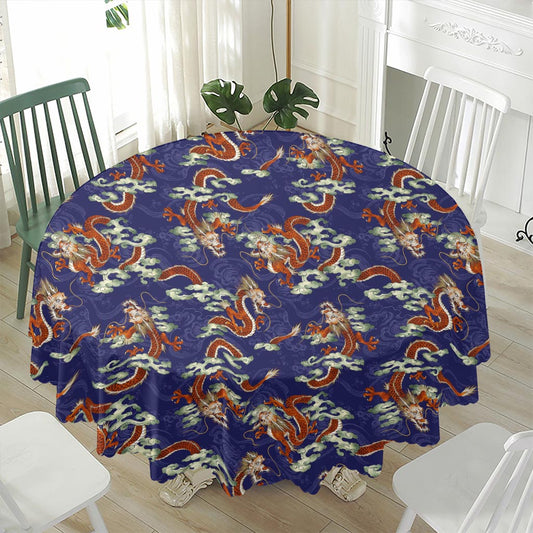 Orange Japanese Dragon Pattern Print Waterproof Round Tablecloth
