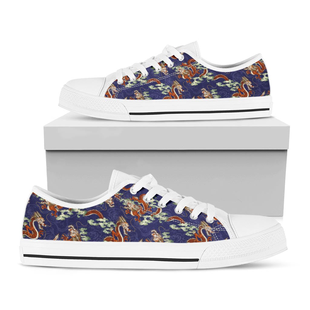 Orange Japanese Dragon Pattern Print White Low Top Sneakers