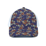 Orange Japanese Dragon Pattern Print White Mesh Trucker Cap