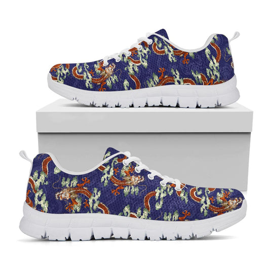 Orange Japanese Dragon Pattern Print White Running Shoes