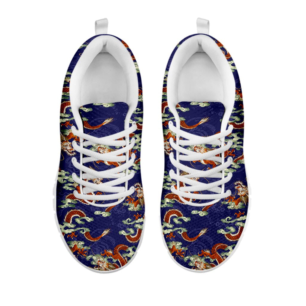 Orange Japanese Dragon Pattern Print White Running Shoes
