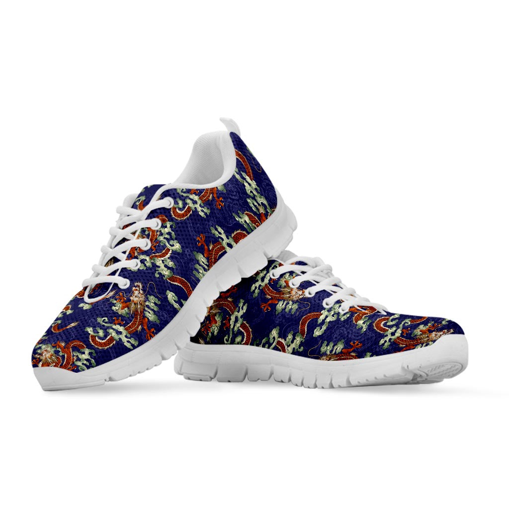 Orange Japanese Dragon Pattern Print White Running Shoes