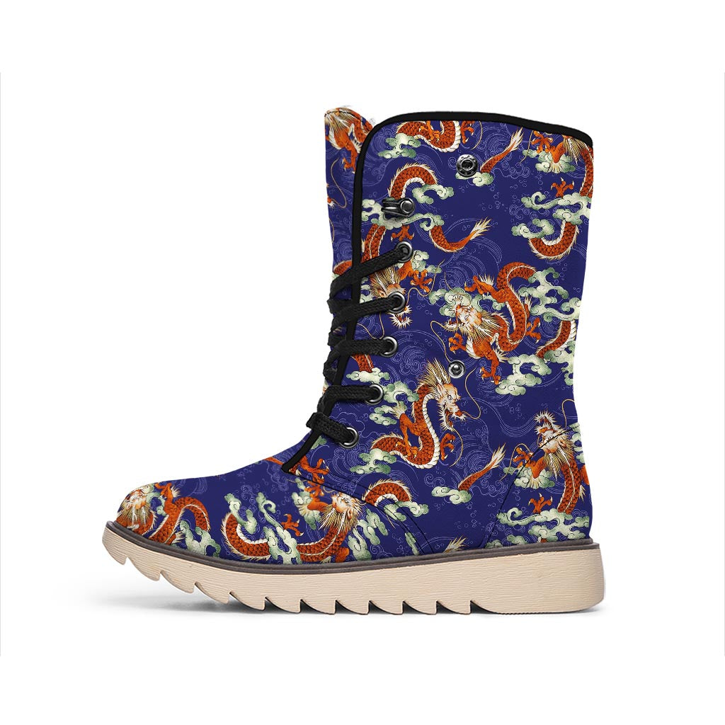 Orange Japanese Dragon Pattern Print Winter Boots