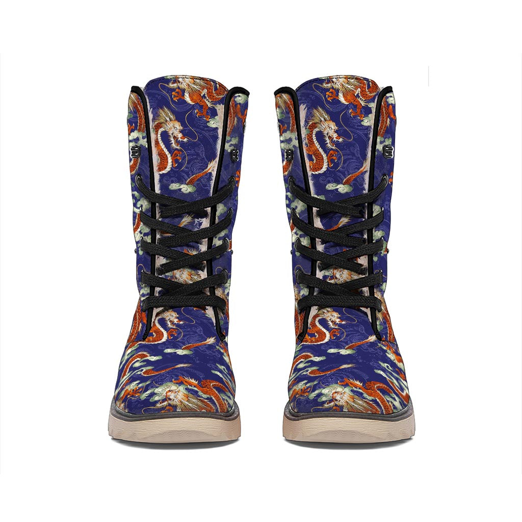 Orange Japanese Dragon Pattern Print Winter Boots