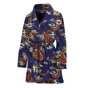 Orange Japanese Dragon Pattern Print Women's Bathrobe