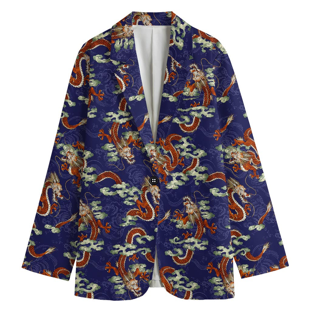 Orange Japanese Dragon Pattern Print Women's Blazer