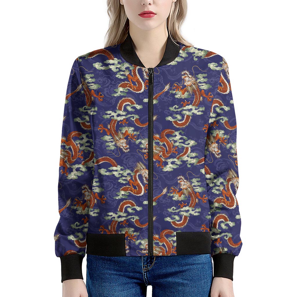 Orange Japanese Dragon Pattern Print Women's Bomber Jacket