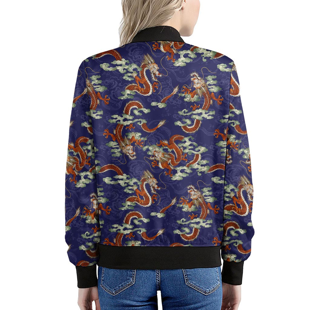 Orange Japanese Dragon Pattern Print Women's Bomber Jacket