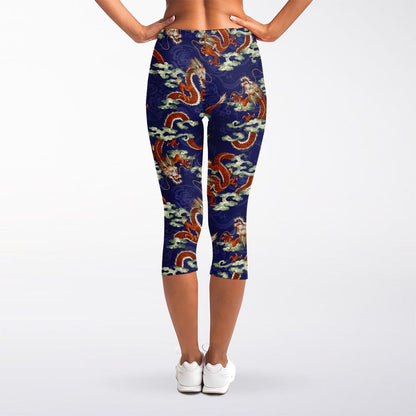 Orange Japanese Dragon Pattern Print Women's Capri Leggings