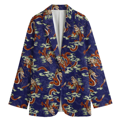 Orange Japanese Dragon Pattern Print Women's Cotton Blazer