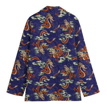Orange Japanese Dragon Pattern Print Women's Cotton Blazer