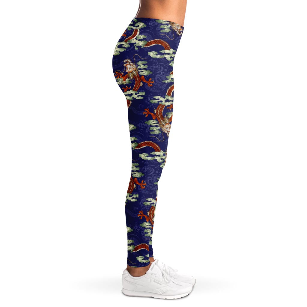 Orange Japanese Dragon Pattern Print Women's Leggings
