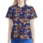 Orange Japanese Dragon Pattern Print Women's Polo Shirt