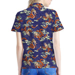 Orange Japanese Dragon Pattern Print Women's Polo Shirt