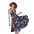 Orange Japanese Dragon Pattern Print Sleeveless Knee Length Dress