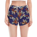 Orange Japanese Dragon Pattern Print Women's Split Running Shorts