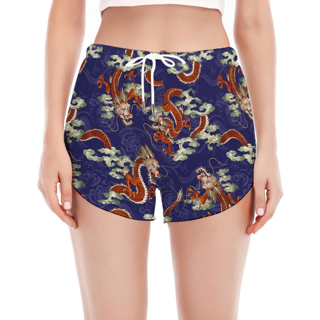 Orange Japanese Dragon Pattern Print Women's Split Running Shorts