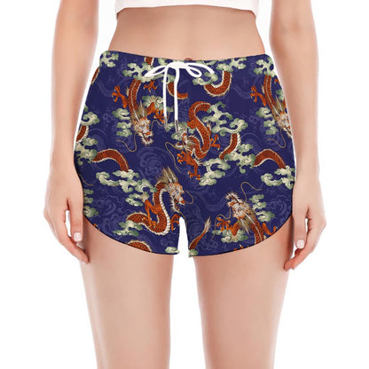 Orange Japanese Dragon Pattern Print Women's Split Running Shorts