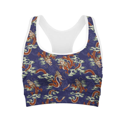 Orange Japanese Dragon Pattern Print Women's Sports Bra