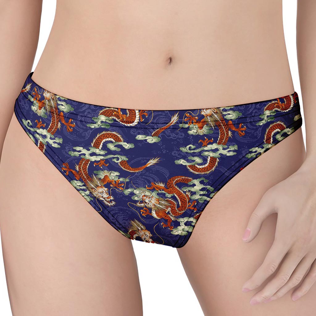 Orange Japanese Dragon Pattern Print Women's Thong