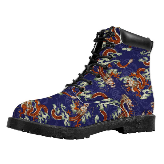 Orange Japanese Dragon Pattern Print Work Boots