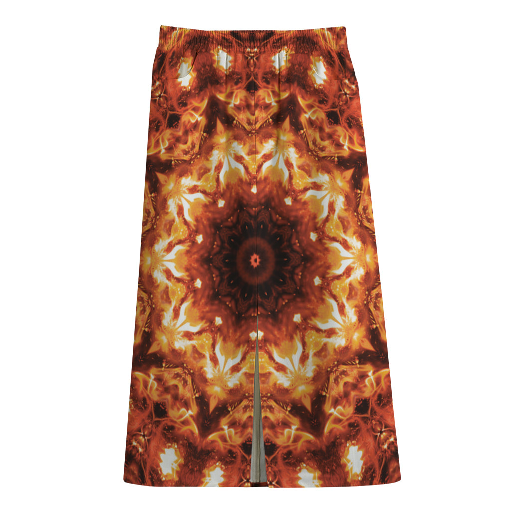 Orange Kaleidoscope Print Cotton Front Slit Maxi Skirt