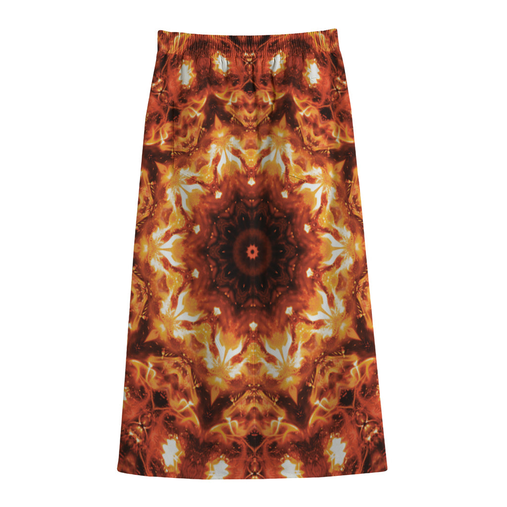 Orange Kaleidoscope Print Cotton Front Slit Maxi Skirt