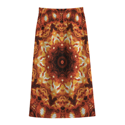 Orange Kaleidoscope Print Cotton Front Slit Maxi Skirt