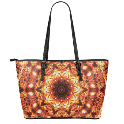 Orange Kaleidoscope Print Leather Tote Bag