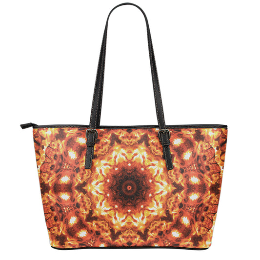 Orange Kaleidoscope Print Leather Tote Bag