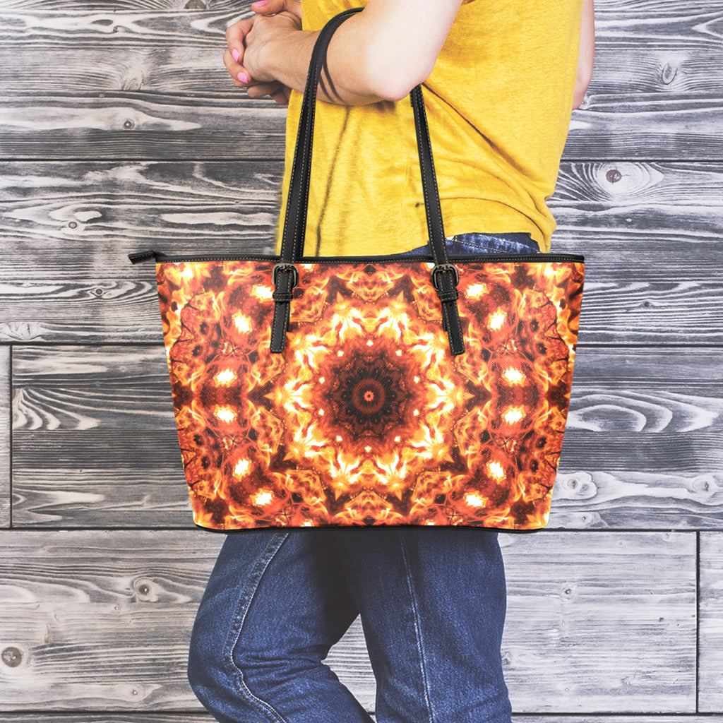 Orange Kaleidoscope Print Leather Tote Bag