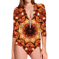 Orange Kaleidoscope Print Long Sleeve Swimsuit
