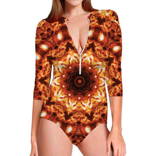 Orange Kaleidoscope Print Long Sleeve Swimsuit