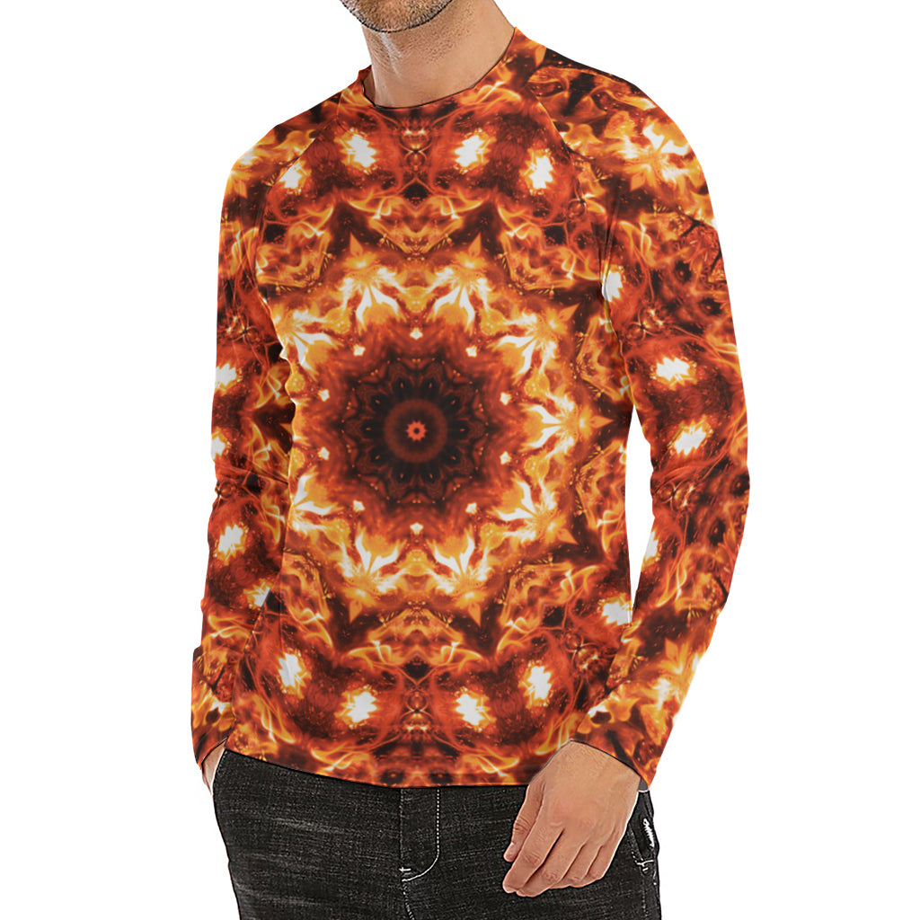 Orange Kaleidoscope Print Men's Long Sleeve Rash Guard