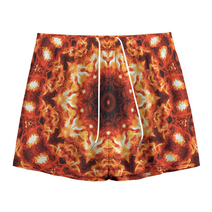 Orange Kaleidoscope Print Mesh Shorts