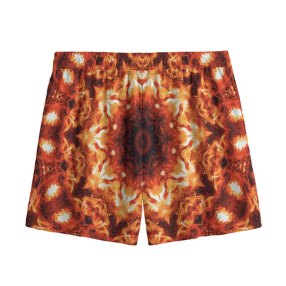 Orange Kaleidoscope Print Mesh Shorts