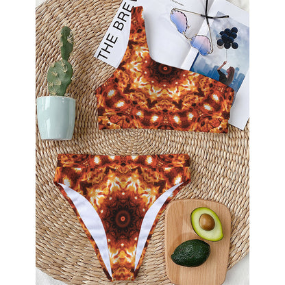 Orange Kaleidoscope Print One Shoulder Bikini Top