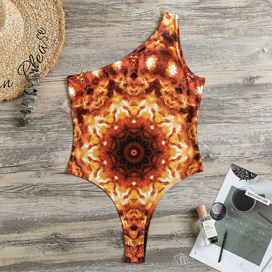 Orange Kaleidoscope Print One Shoulder Bodysuit
