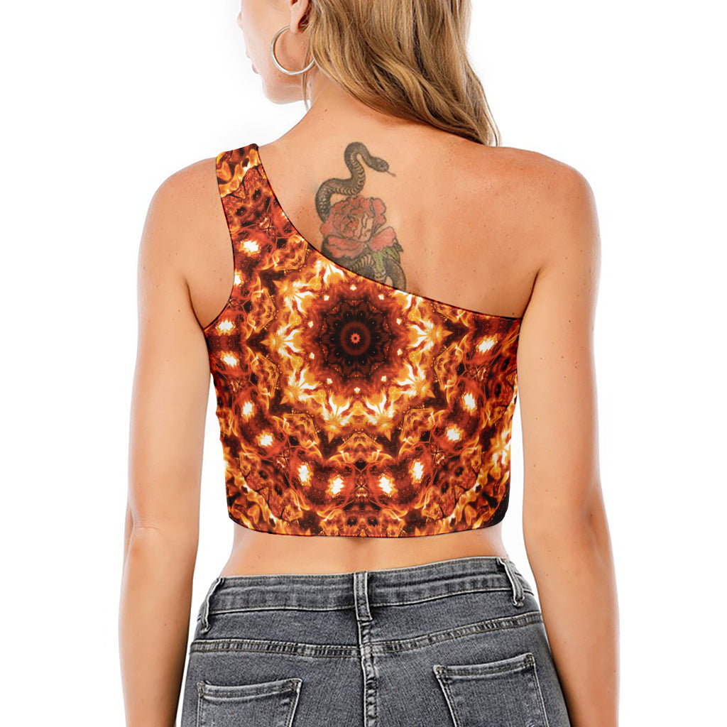 Orange Kaleidoscope Print One Shoulder Crop Top