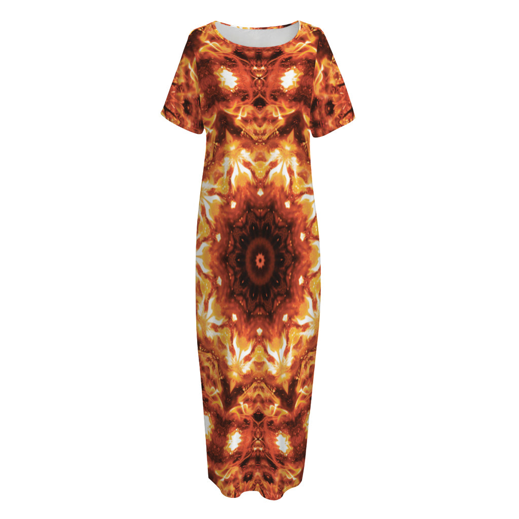 Orange Kaleidoscope Print Short Sleeve Long Nightdress
