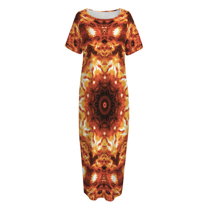 Orange Kaleidoscope Print Short Sleeve Long Nightdress