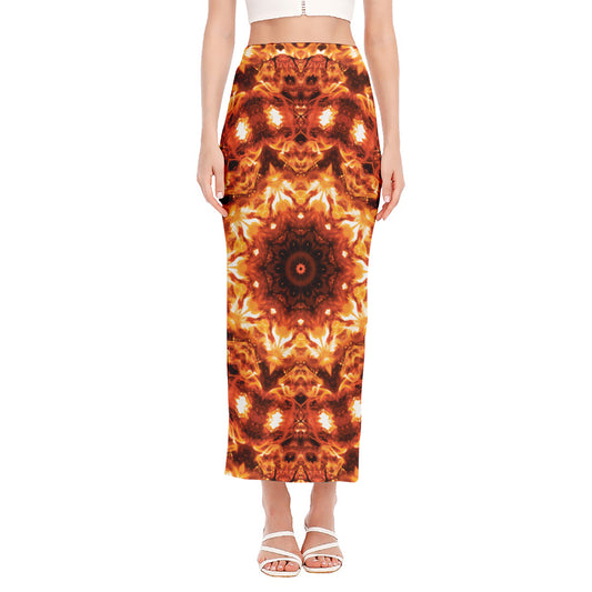 Orange Kaleidoscope Print Side Slit Maxi Skirt