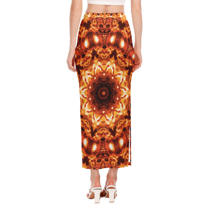 Orange Kaleidoscope Print Side Slit Maxi Skirt